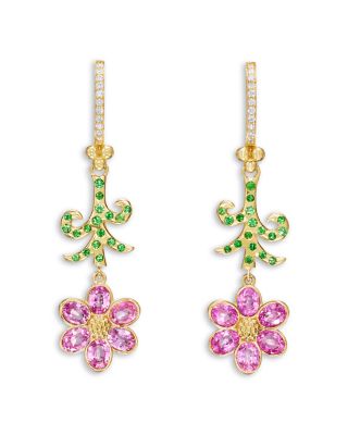 18K Yellow Gold Primavera Pink Sapphire, Diamond & Tsavorite Garnet Drop Earrings
