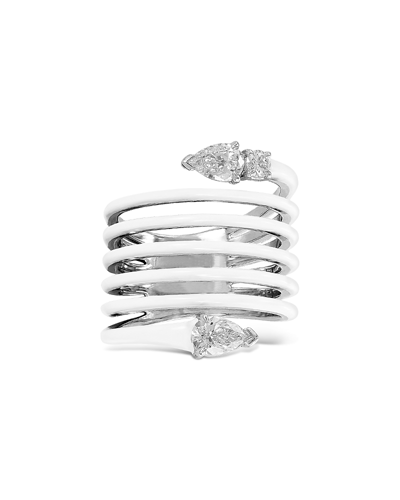 Etho Maria 18K White Gold Diamond Pear & Round White Ceramic Coil Ring
