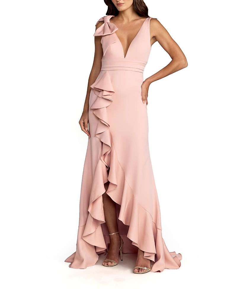 Mac Duggal Crepe V Neck Sleeveless Gown with Bow
