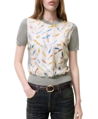  Feather Print Panel Wool Silk T-shirt