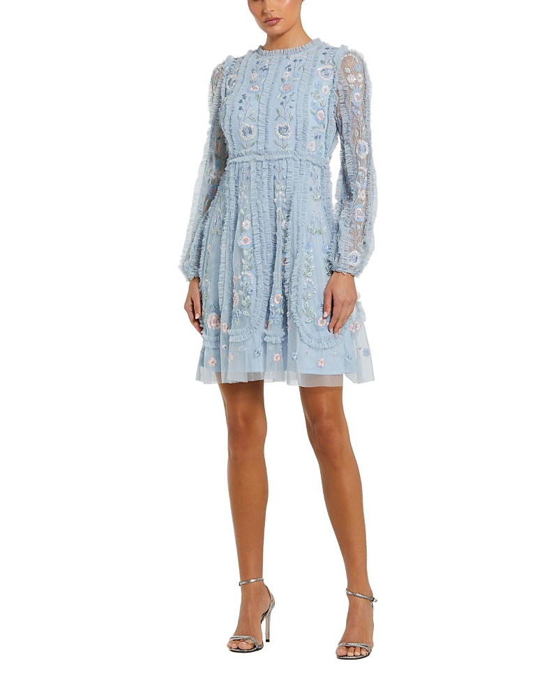 Mac Duggal Long Sleeve Micro Ruffle Mini Dress
