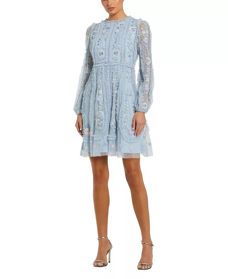 Mac Duggal Long Sleeve Micro Ruffle Mini Dress