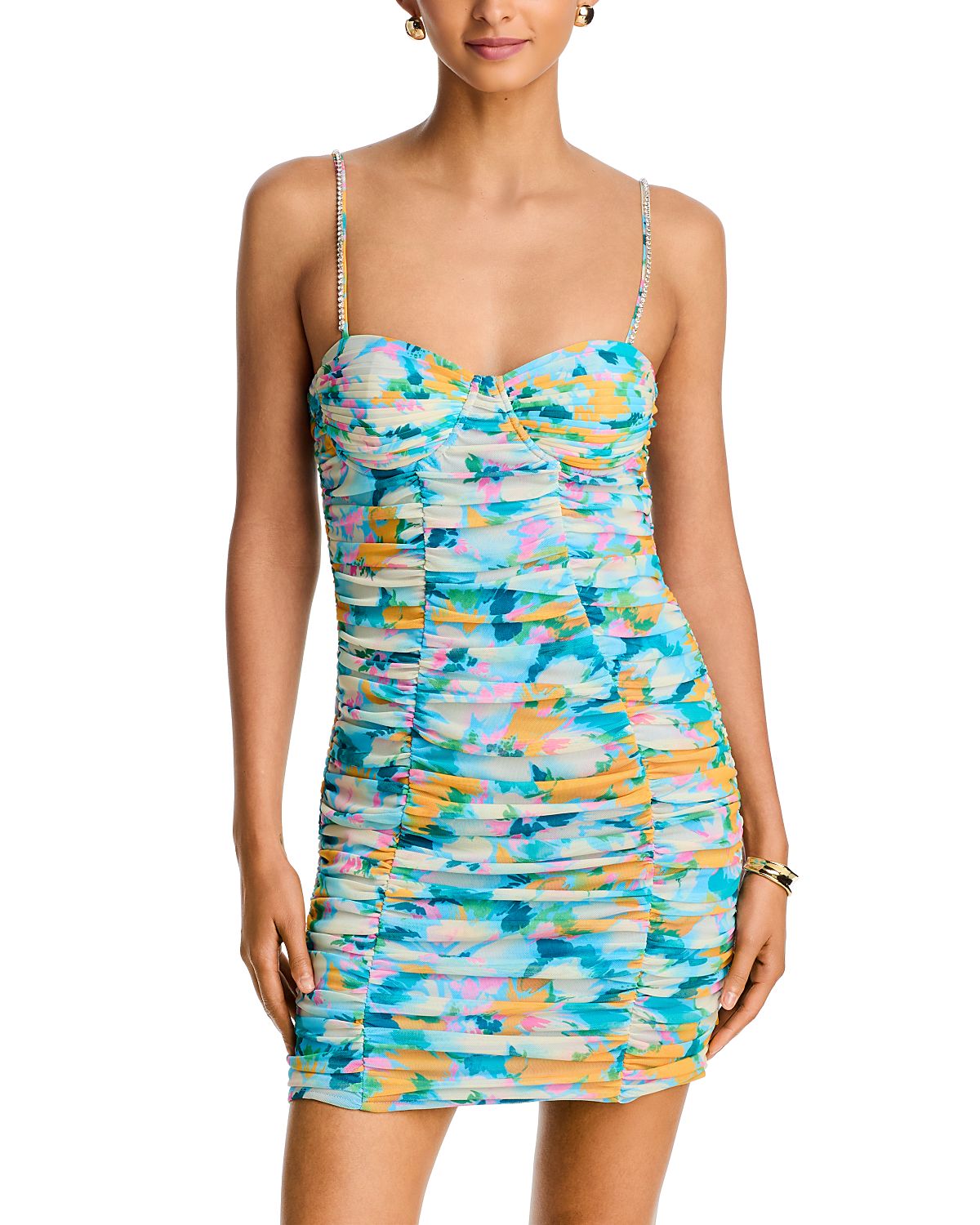 Aqua Floral Mesh Ruched Mini Dress - Exclusive