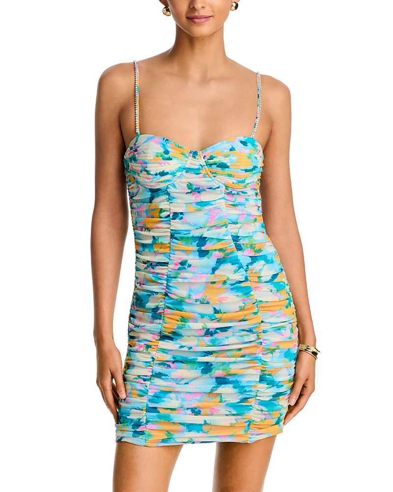 Aqua Floral Mesh Ruched Mini Dress - Exclusive
