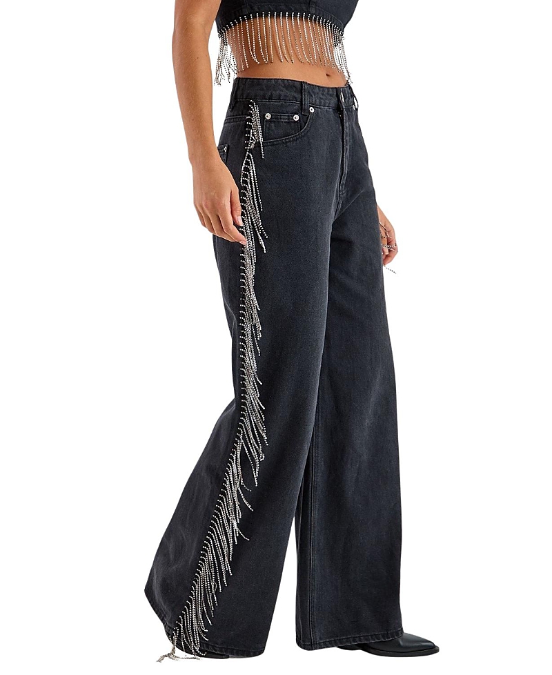 Nasty Gal Denim Diamonte Tassel Straight Leg Jeans