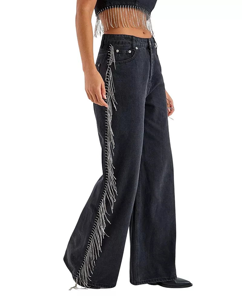 Nasty Gal Denim Diamonte Tassel Straight Leg Jeans