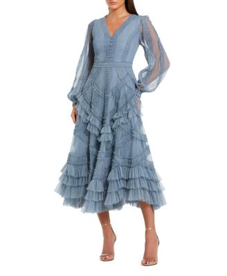 Petite Long Sleeve V Neck Mesh Micro Ruffle Midi Dress