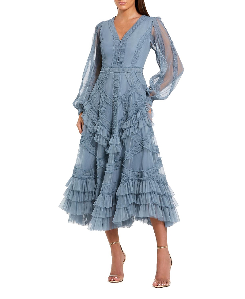 Mac Duggal Petite Long Sleeve V Neck Mesh Micro Ruffle Midi Dress