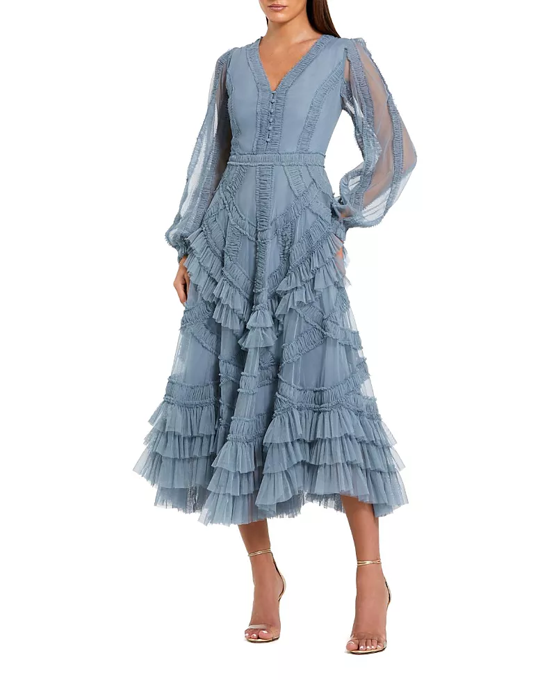 Mac Duggal Petite Long Sleeve V Neck Mesh Micro Ruffle Midi Dress