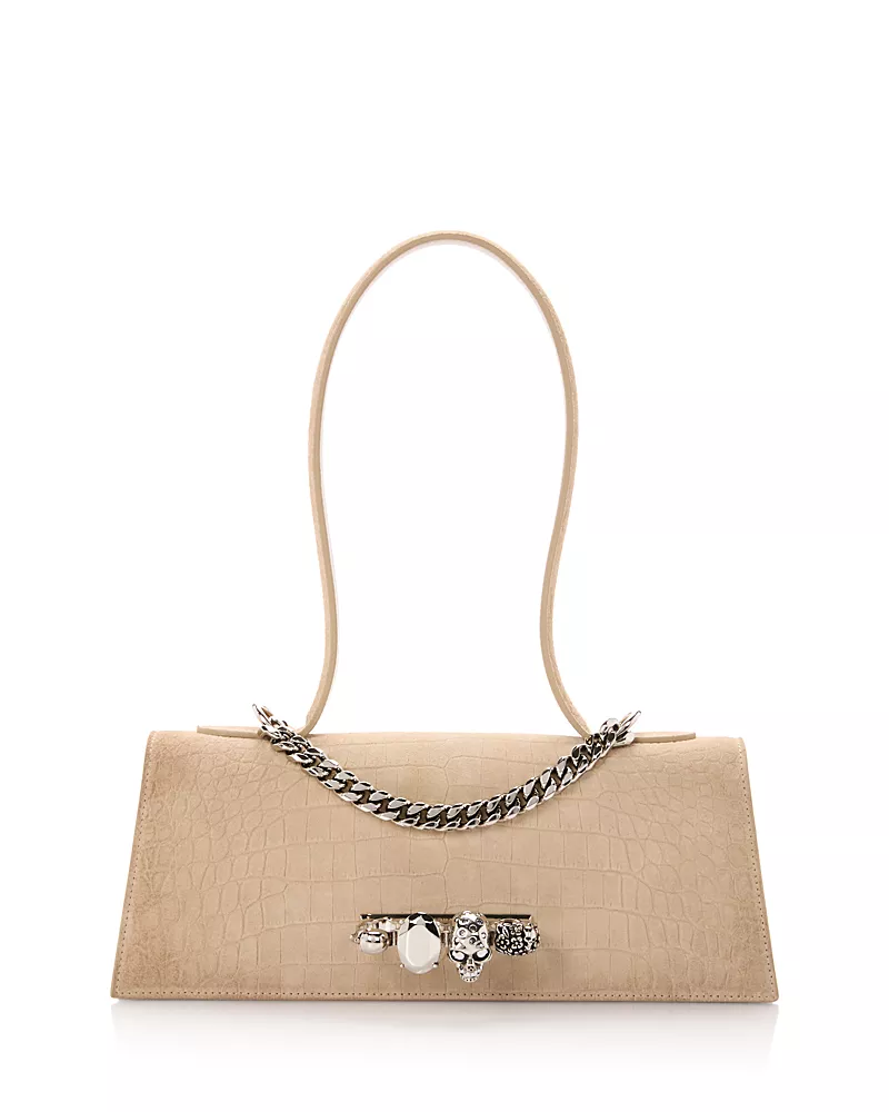 McQueen Knuckle Embossed Suede Shoulder Bag