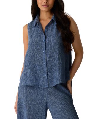 Pliss&eacute; Classic Collar A Line Sleeveless Shirt