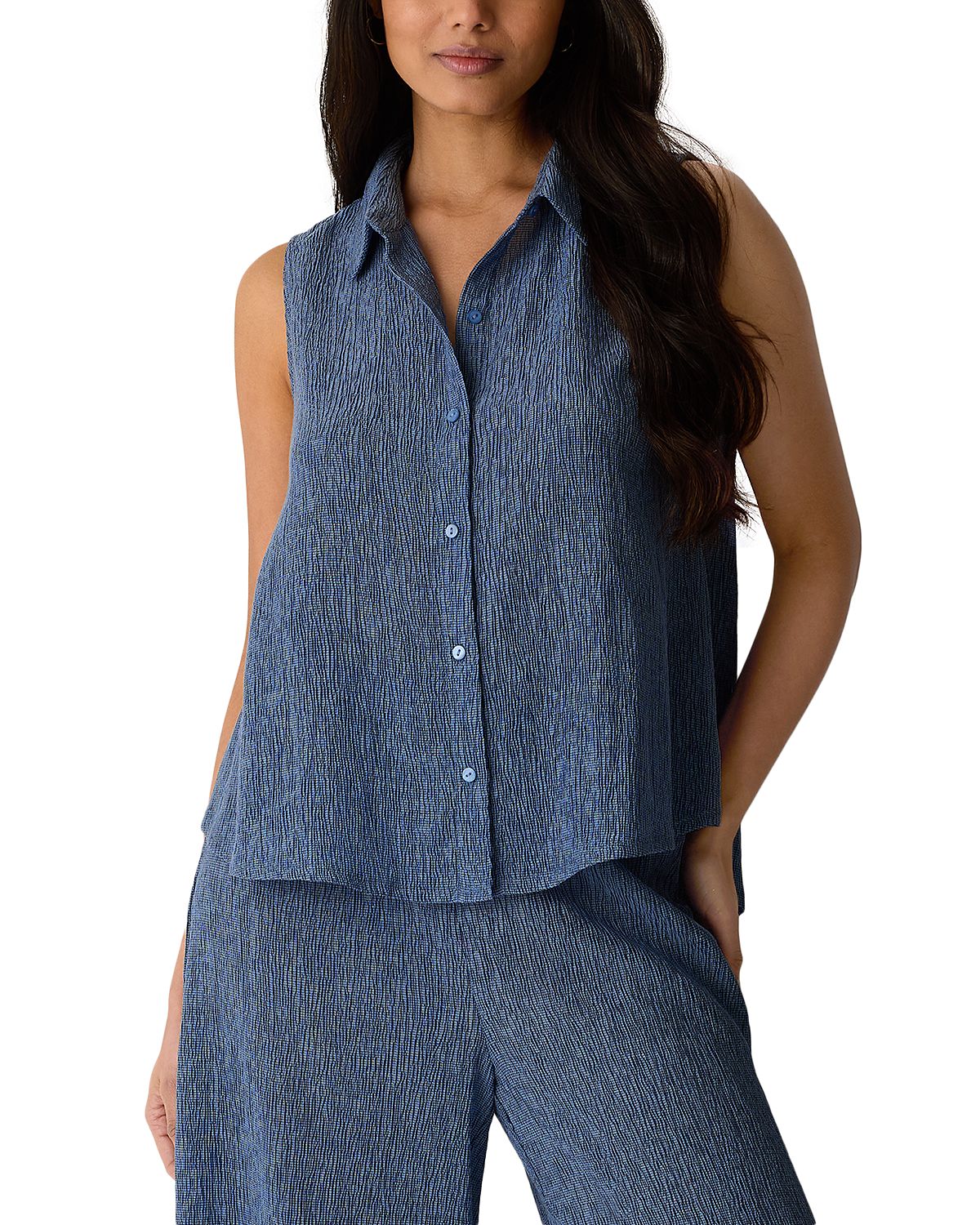 Eileen Fisher Plisse Classic Collar A Line Sleeveless Shirt