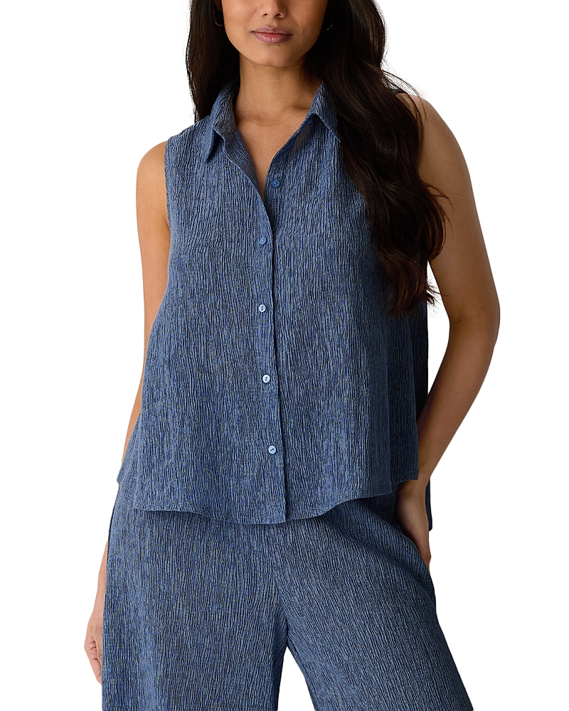 Eileen Fisher Plisse Classic Collar A Line Sleeveless Shirt