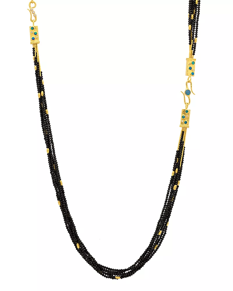 Gurhan 22K & 24K Yellow Gold Rain Black Spinel Bead, Australian Opal & Diamond Multi Layer Statement Necklace, 36
