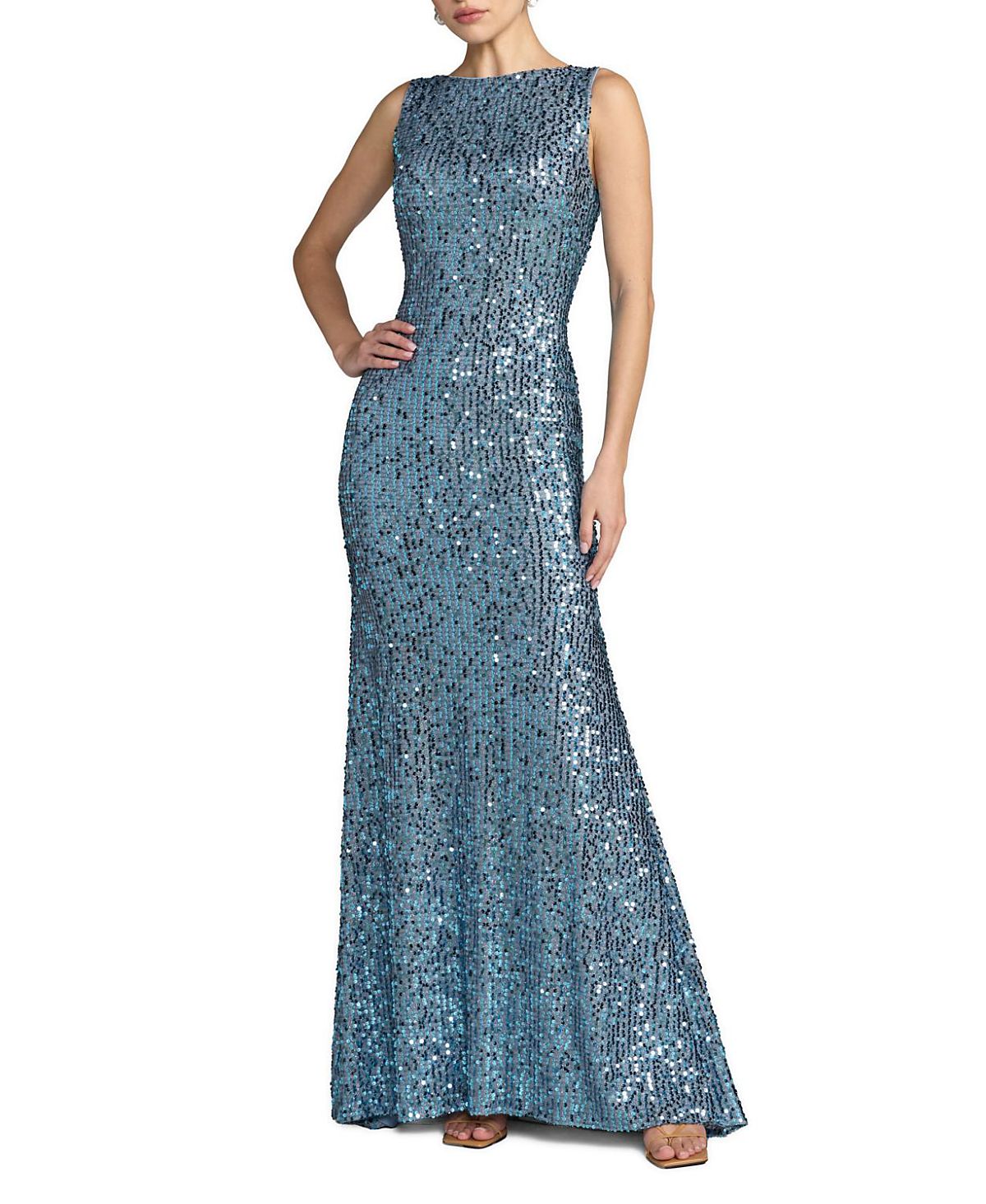 Mac Duggal Cowl Back Boat Neck Sequined Evening Gown