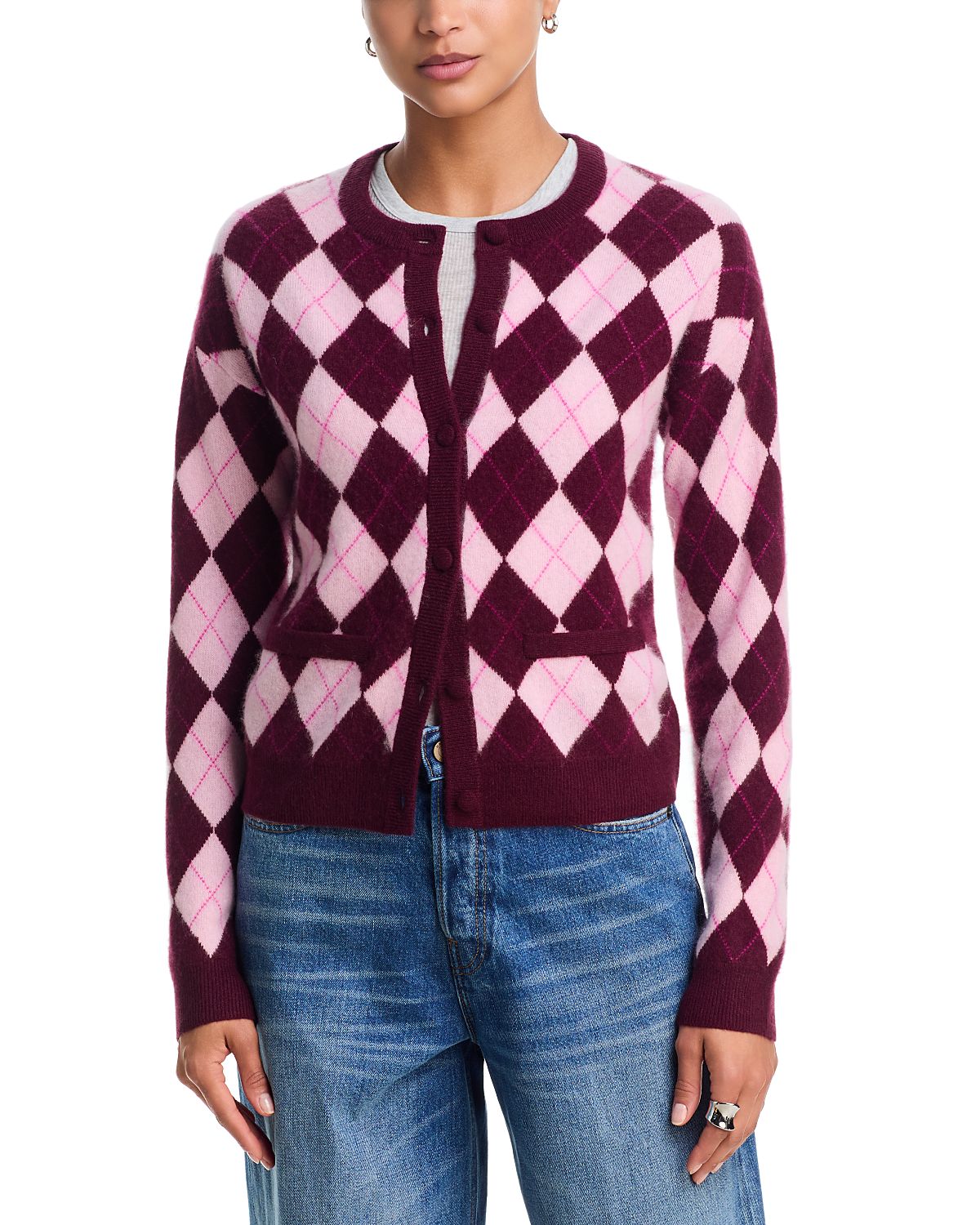 Aqua Cashmere Brushed Argyle Cardigan - Exclusive