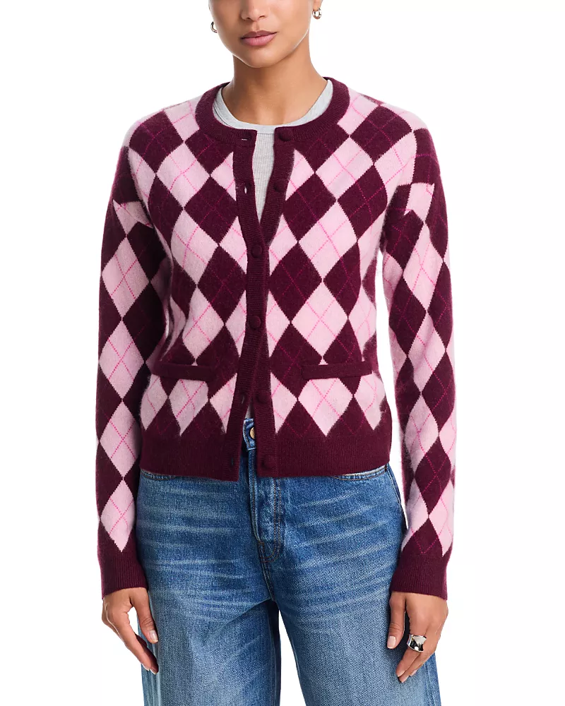 Aqua Cashmere Brushed Argyle Cardigan - Exclusive