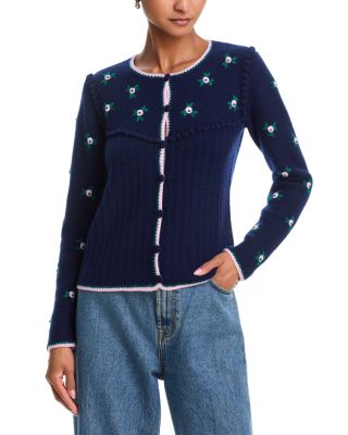 Aqua Cashmere 100% Cashmere Crewneck Cardigan Sweater - Exclusive In Blue
