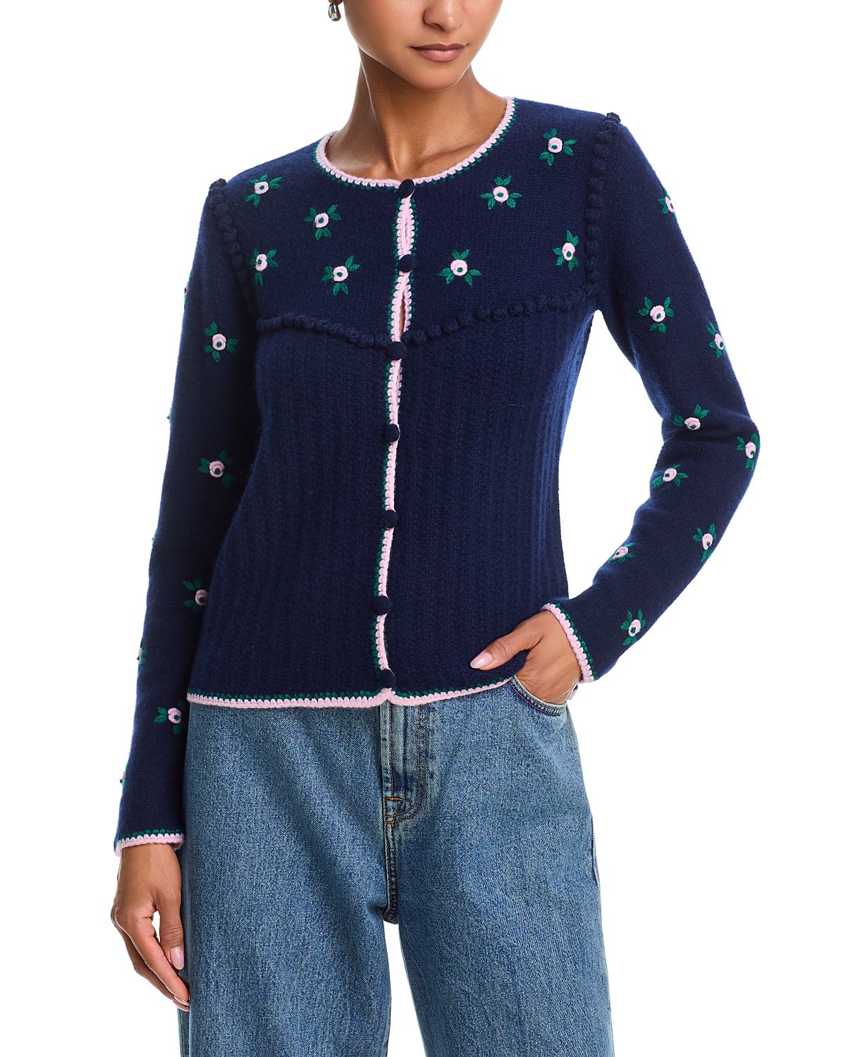 Aqua Cashmere 100% Cashmere Crewneck Cardigan Sweater - Exclusive