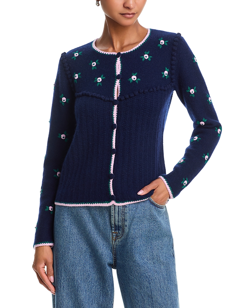 Aqua Cashmere 100% Cashmere Crewneck Cardigan Sweater - Exclusive In Blue