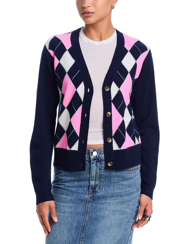 Aqua Cashmere Argyle V Neck Cardigan - Exclusive