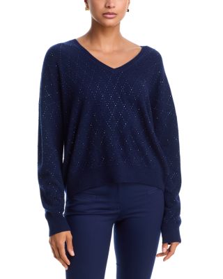 100% Cashmere Embellished V Neck Sweater - Exclusive