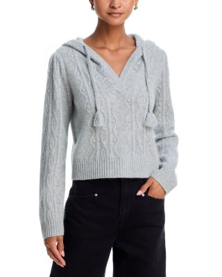 100% Cashmere V Neck Cable Knit Hoodie Sweater - Exclusive