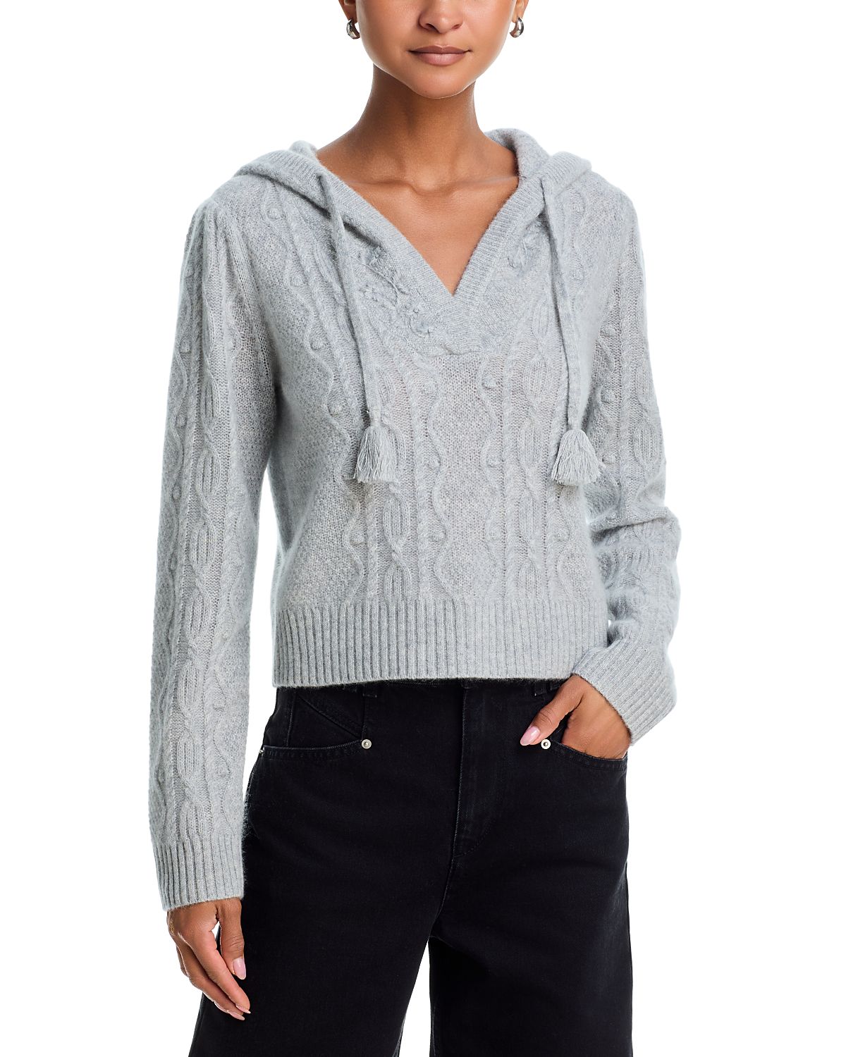 Aqua Cashmere 100% Cashmere V Neck Cable Knit Hoodie Sweater - Exclusive