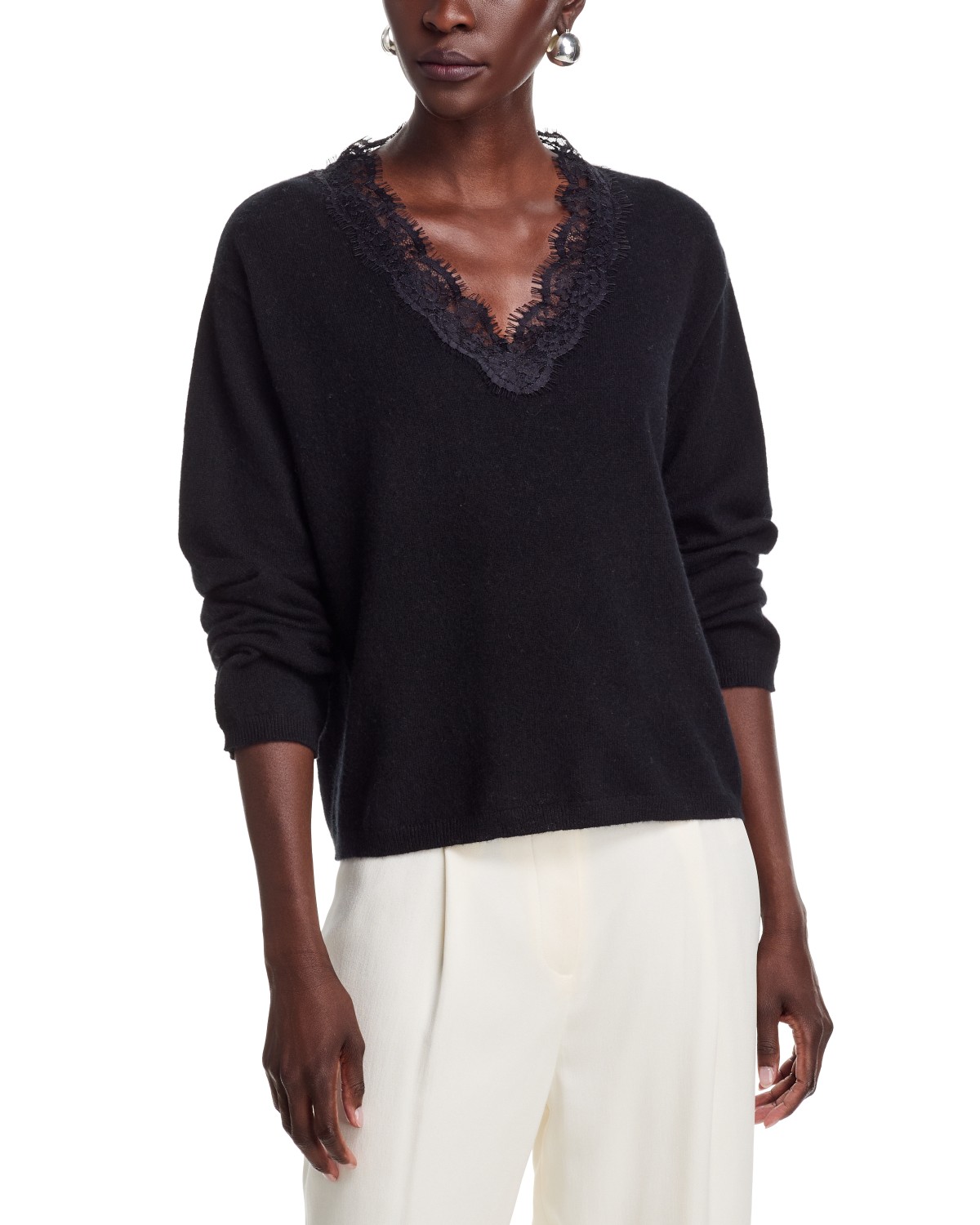 Drop Shoulder Lace Trim V Neck Cashmere Sweater, Exclusive