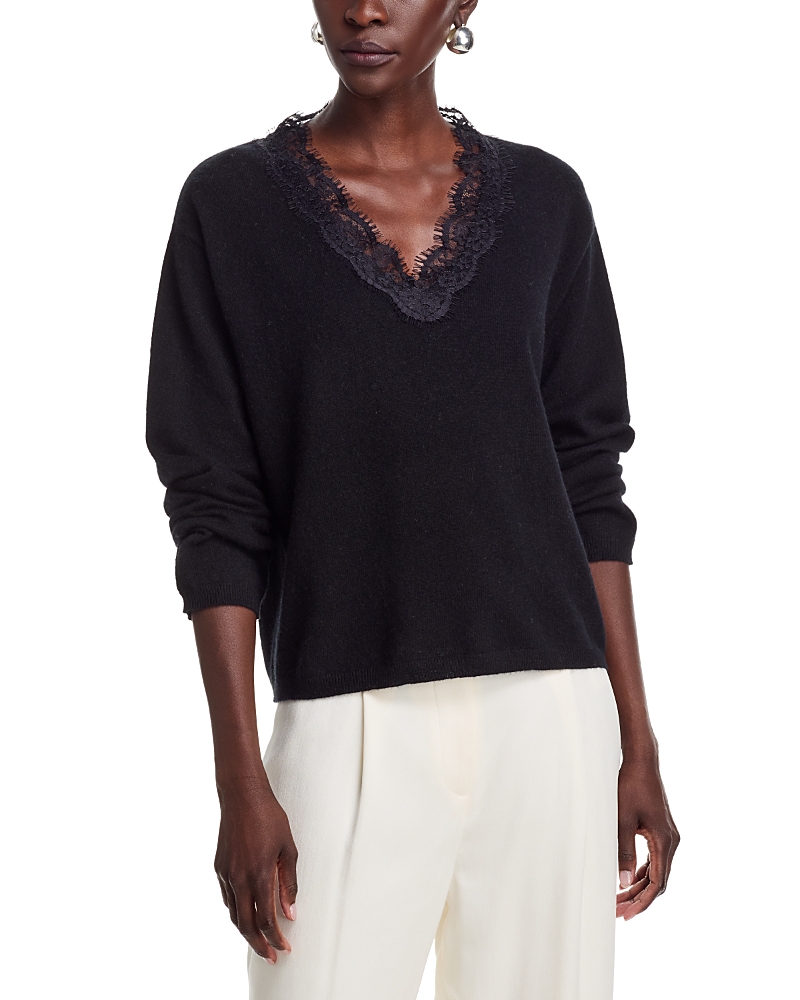 C by Bloomingdale's Cashmere Drop Shoulder Lace Trim V Neck Cashmere Sweater, Exclusive