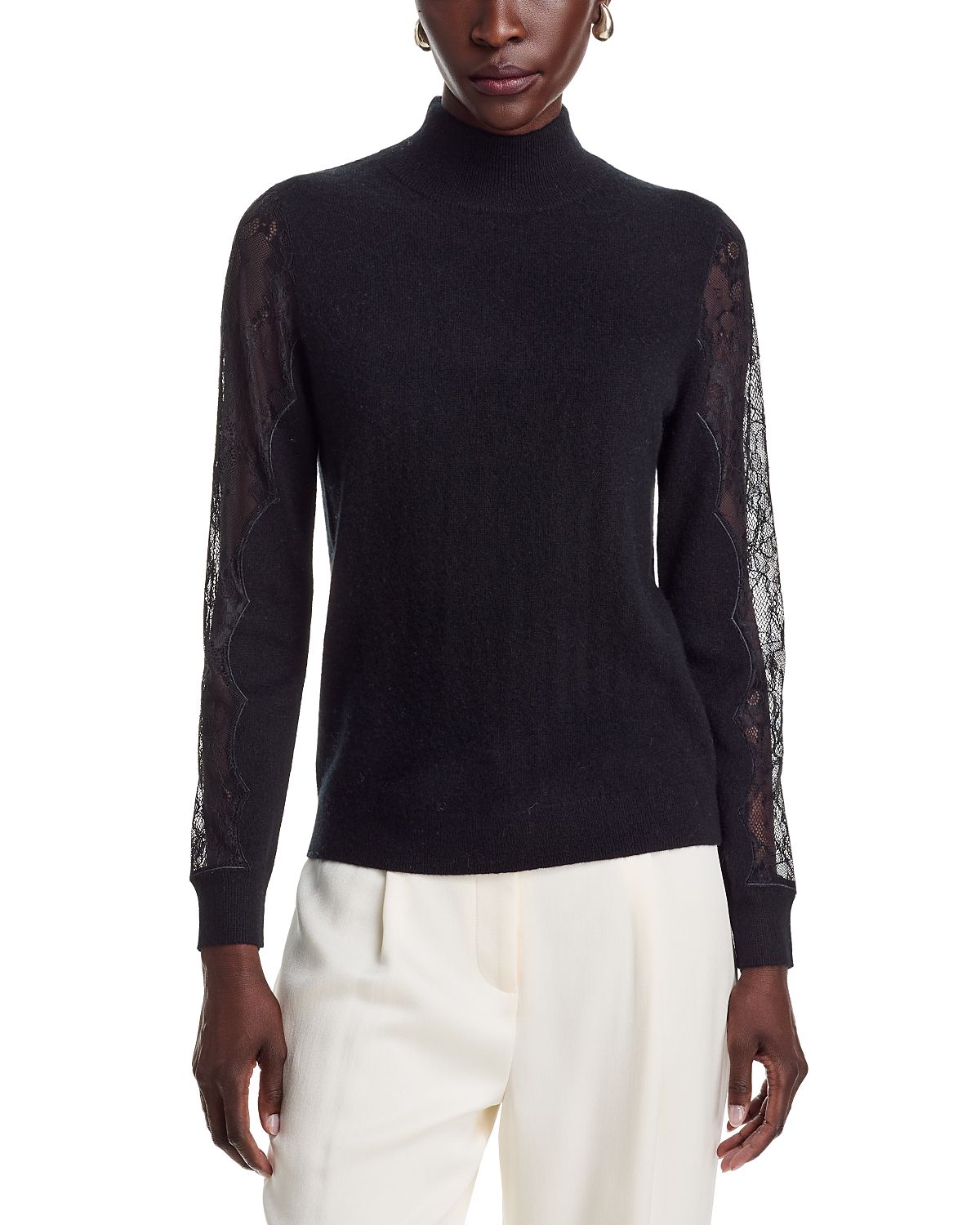 C by Bloomingdale's Cashmere Lace Sleeve Mockneck Cashmere Sweater - Exclusive
