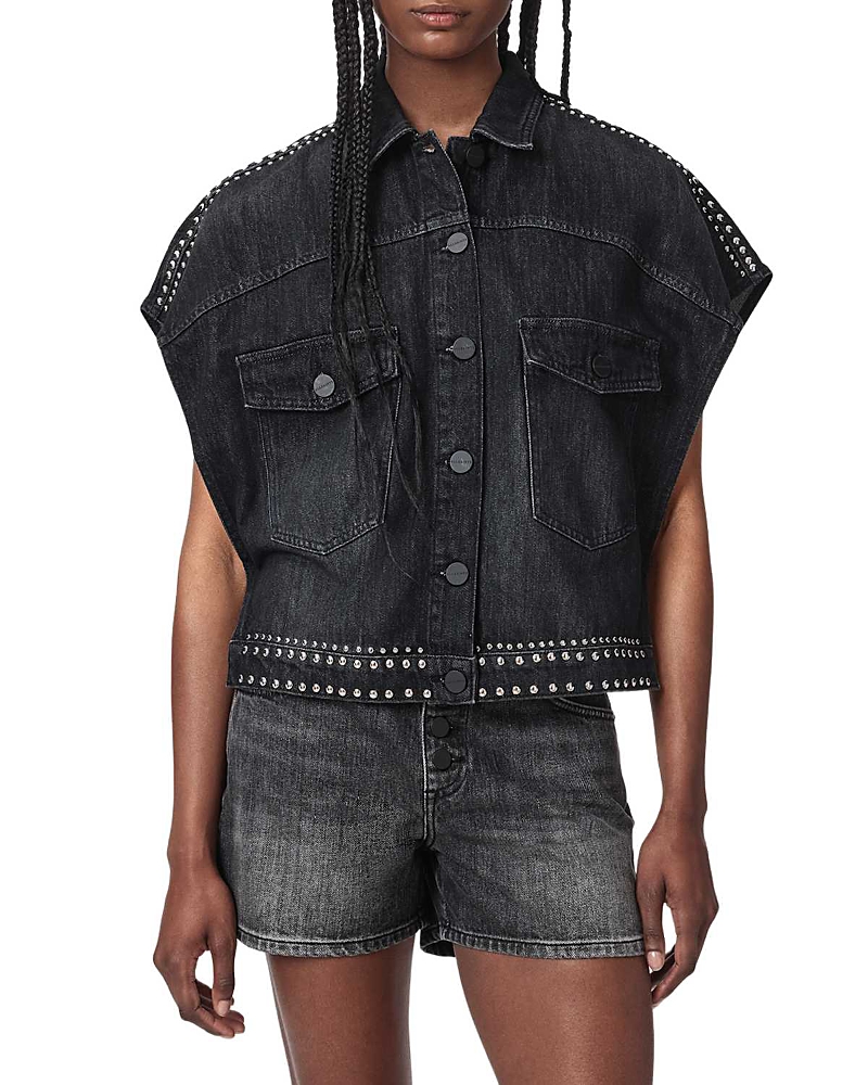 Allsaints Alba Stud Short Sleeve Denim Shirt in Shadow Black