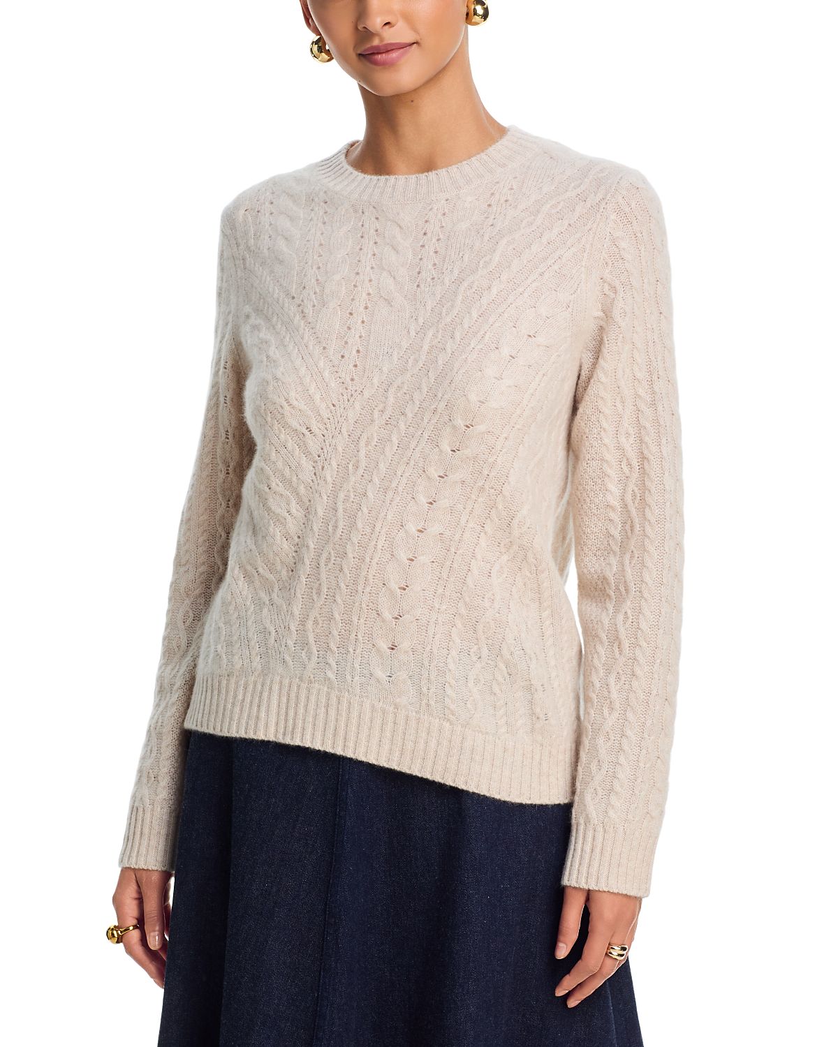 Aqua 100% Cashmere Multi Cable Knit Crewneck Sweater - Exclusive