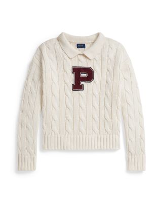 Ralph Lauren Girls' Cable Knit Letterman Cotton Sweater - Little