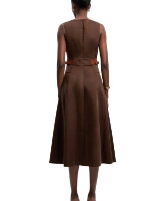 karen millen brown dress Karen Millen Plus Size Premium Viscose Linen Tailored Belted Full Skirted Midi Dress in Chocolate