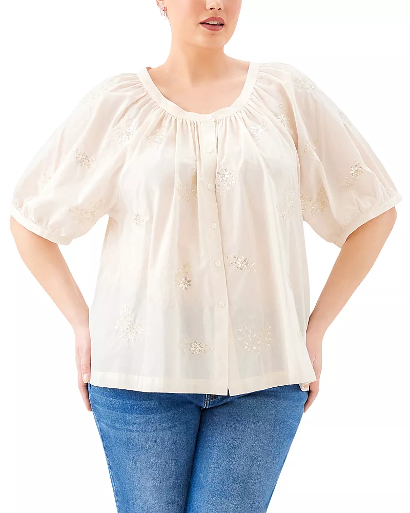 Karen Kane Plus Short Sleeve Embroidered Peasant Top