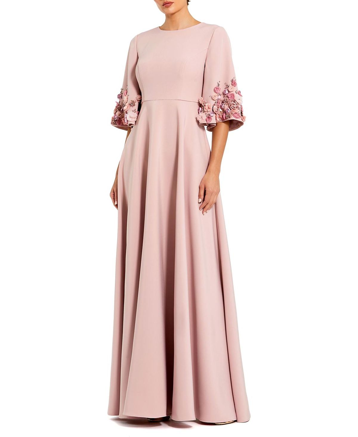 Mac Duggal Petite Crepe 3/4 Sleeve A-line Gown With Flower Trim