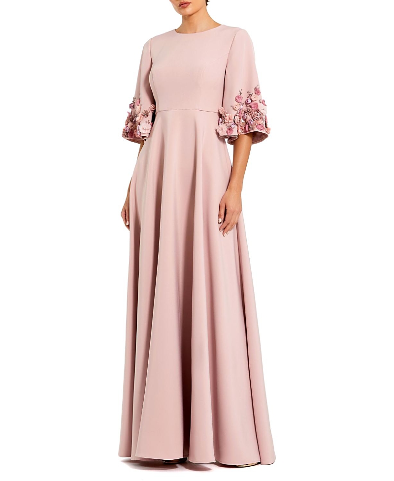 Mac Duggal Petite Crepe 3/4 Sleeve A-line Gown With Flower Trim