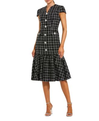  Button Up Cap Sleeve Boucle A Line Midi Dress