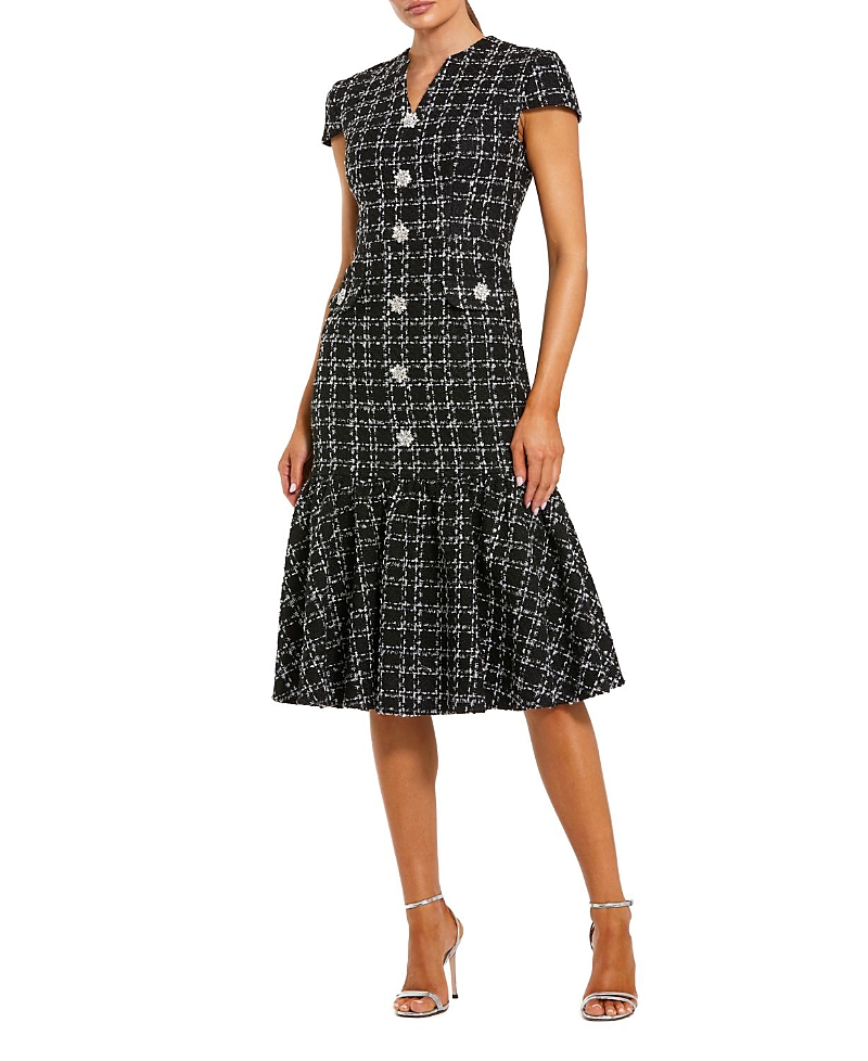 Mac Duggal Button Up Cap Sleeve Boucle A Line Midi Dress