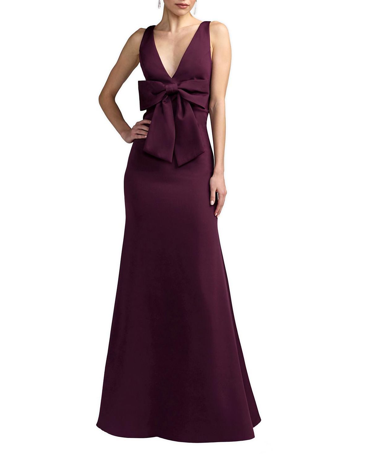 Mac Duggal Crepe Sleeveless V Neck Column Dress with Bow