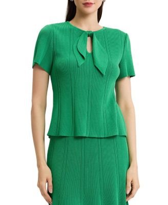 Misook Tonal Faux Tie Neck Soft Ribbed Knit Top