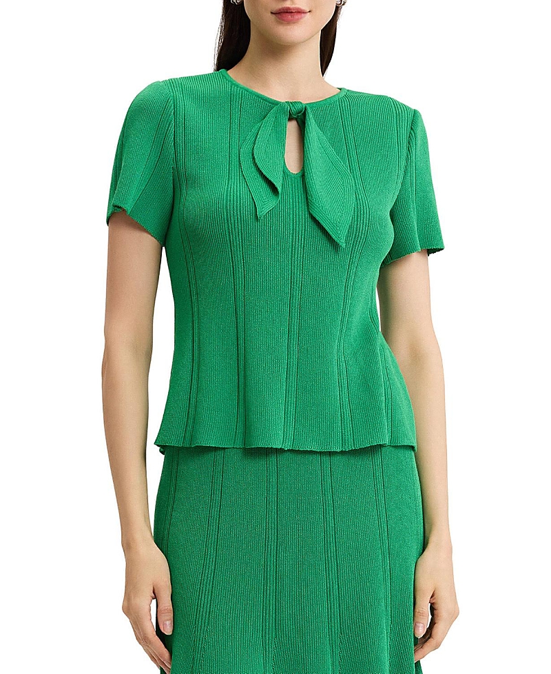 Misook Tonal Faux Tie Neck Soft Ribbed Knit Top