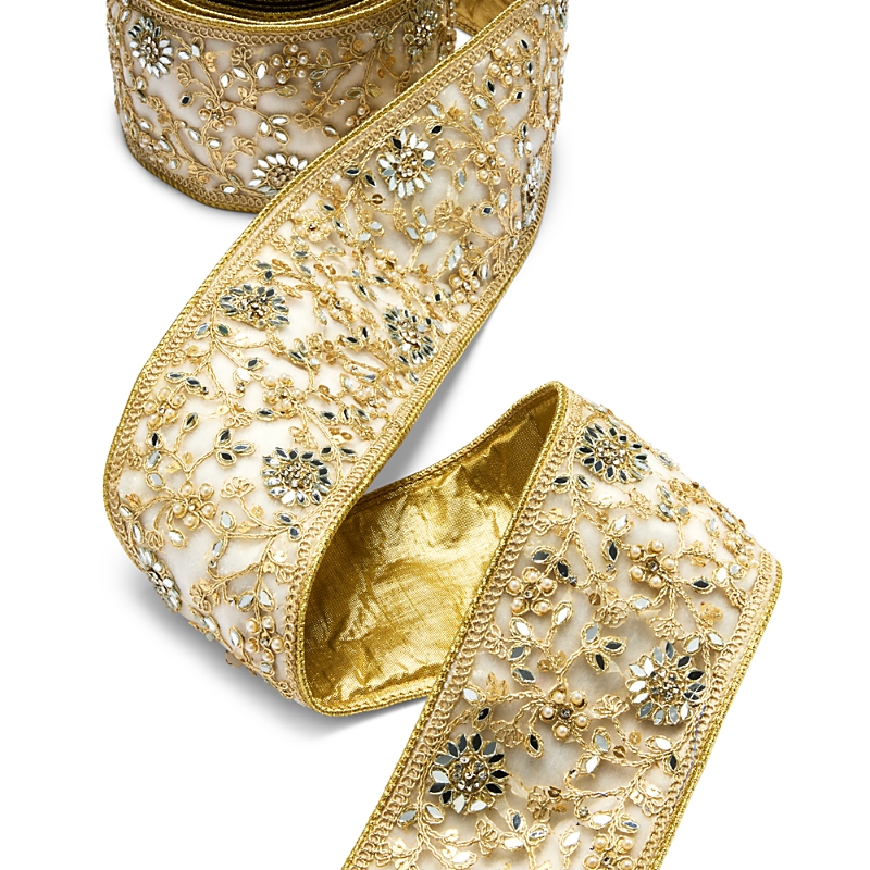 Aman Imports Shimmering Pine 4 Faux Pearl Floral Ribbon