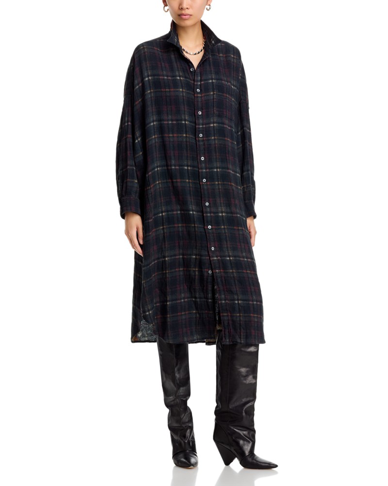 R13 Reversible Jumbo Shirtdress in Black Multicolor Butterflies With Plaid