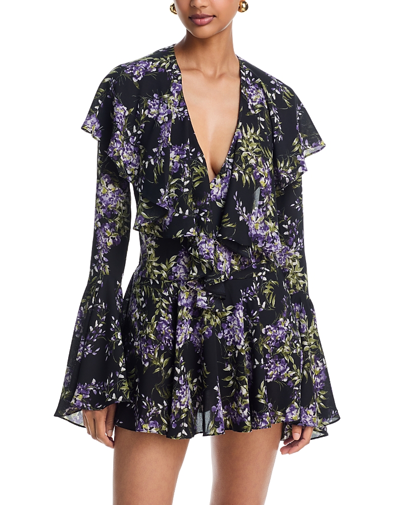 Norma Kamali Long Sleeve Deep V Neck Ruffle Mini Dress
