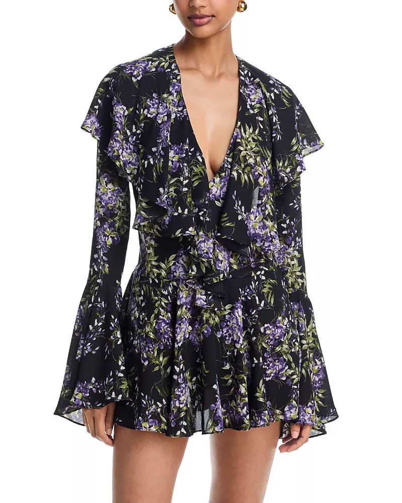 Norma Kamali Long Sleeve Deep V Neck Ruffle Mini Dress