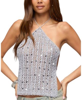 Thaly Backless Sequin Crochet Halter Top