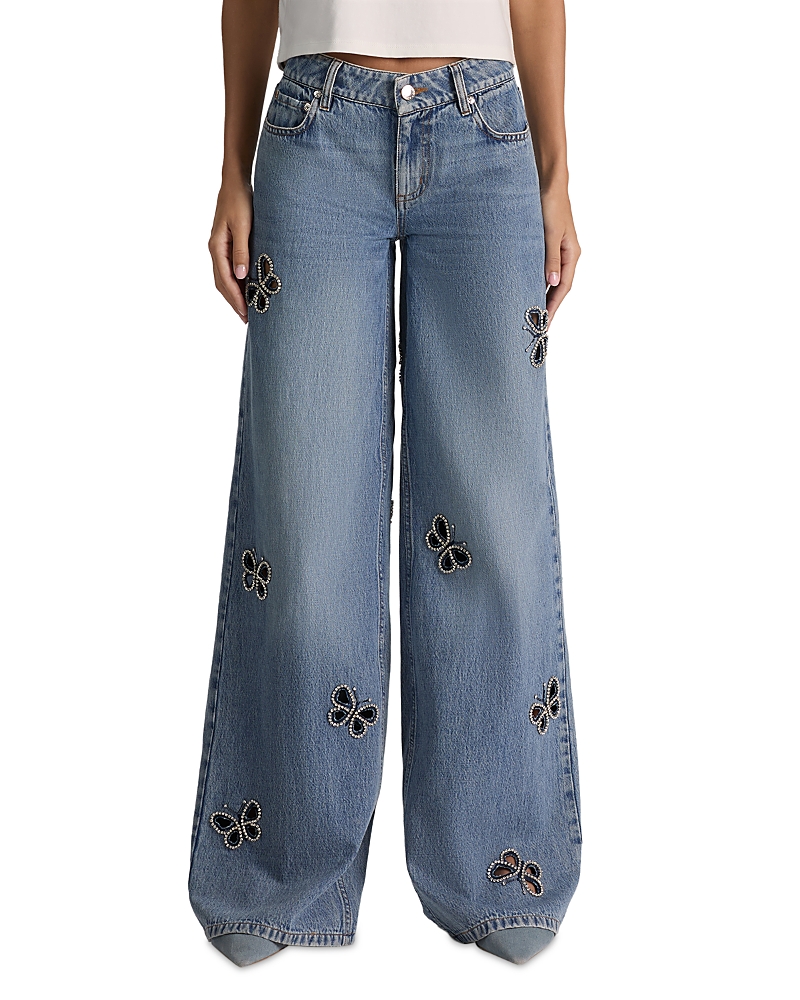 Alice and Olivia Amazing Low Rise Embellished Cutout Jeans in Fiona Vintage Blue