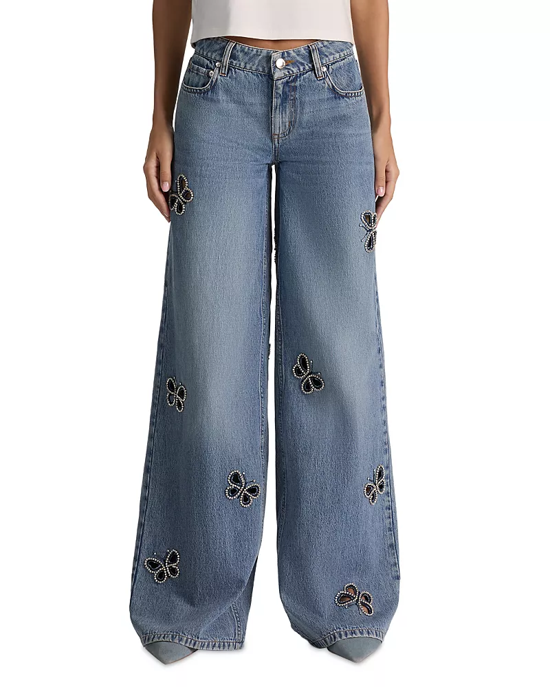 Alice and Olivia Amazing Low Rise Embellished Cutout Jeans in Fiona Vintage Blue